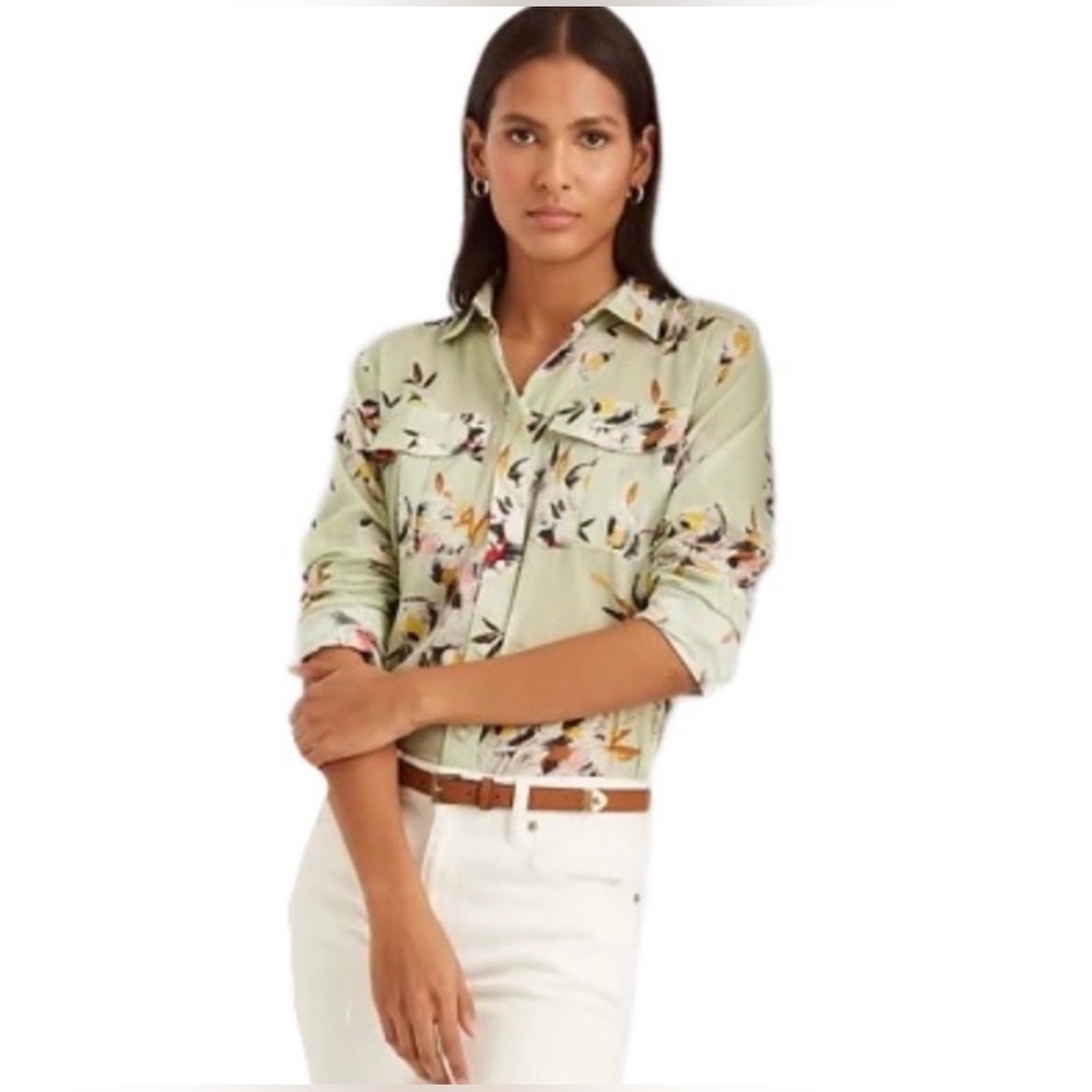 Ralph Lauren Sage & Pink Floral Print Cotton Voile Point Collar Button Up